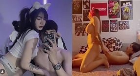 สาวสวยนอนอยู่ใต้แฟนของเธอบนเตียง